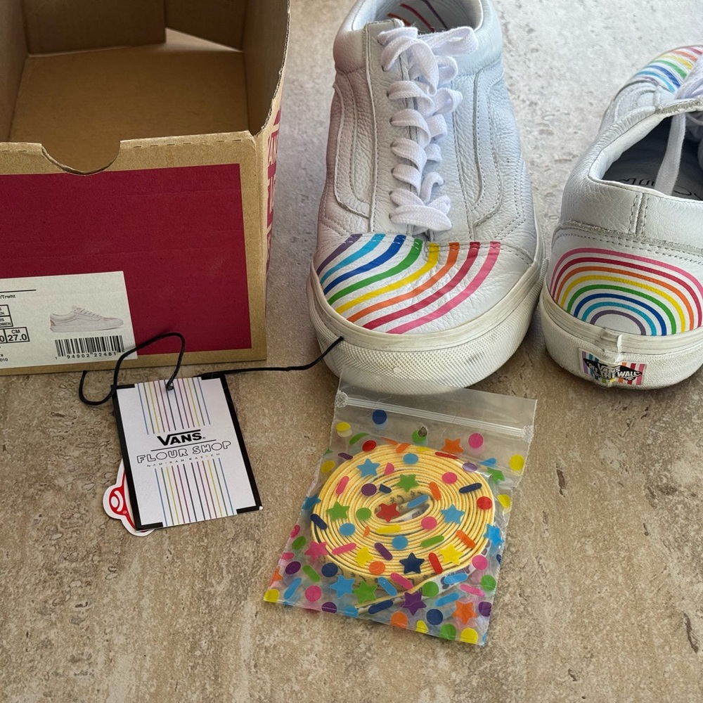 Vans X Flour Shop | White Sneakers with Colorful Rainbow Accents
